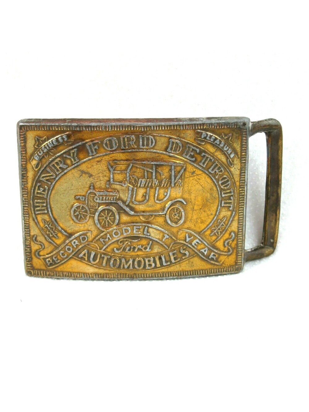 Vintage HENRY FORD Detroit Automobiles Record Year Model T Brass Belt Buckle